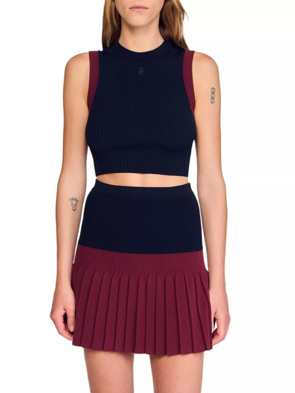 NWT Sandro Paris Marine Navy Two-tone knit top Size 0